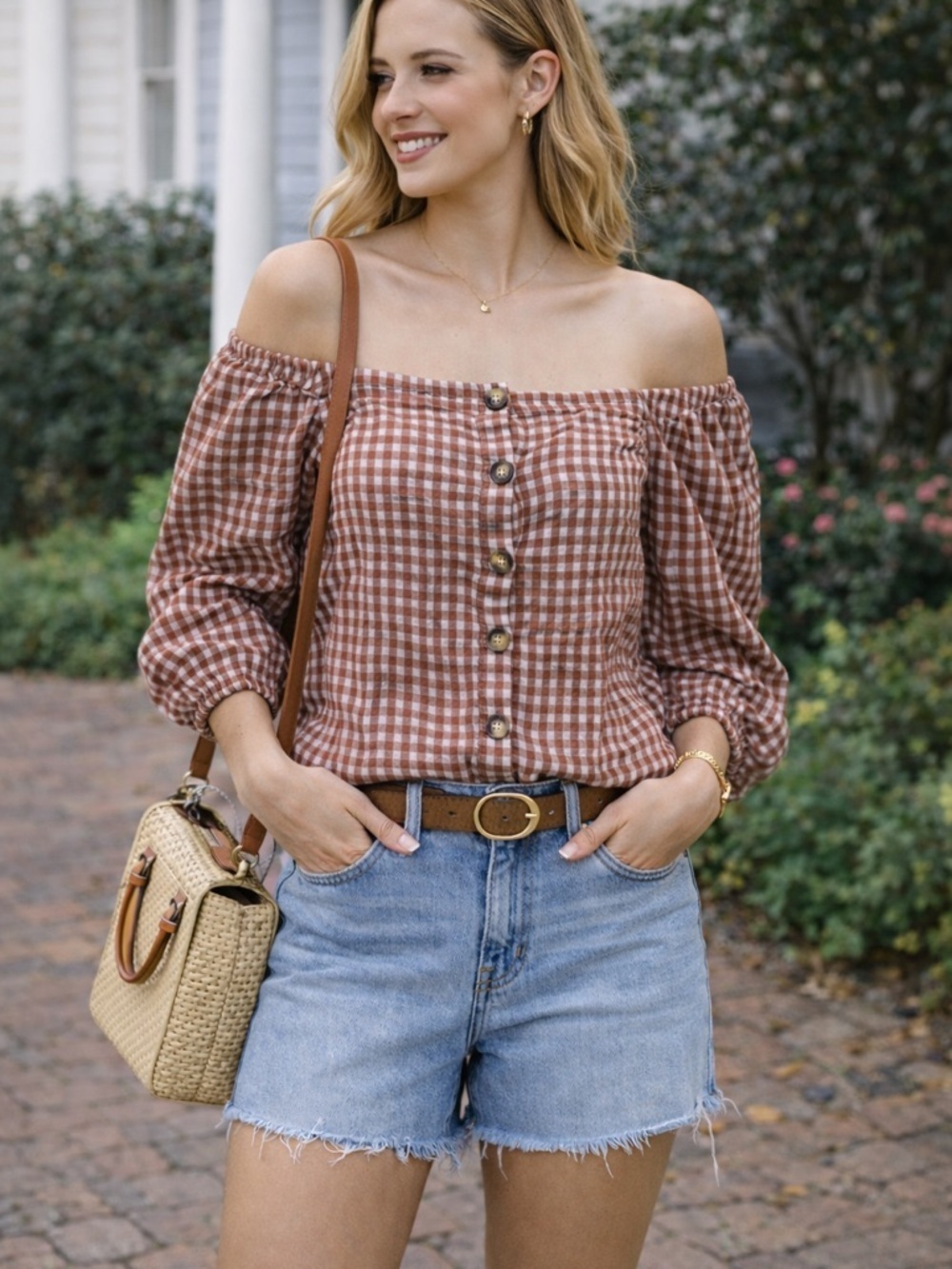 Madewell Off Shoulder Checkered Button-Up Blouse. Size 2